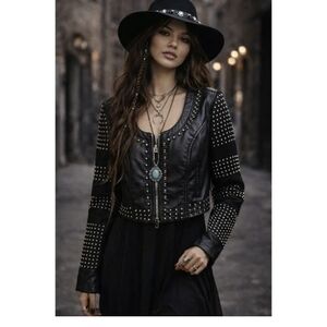 Studded Black Leather Zip Jacket - Women